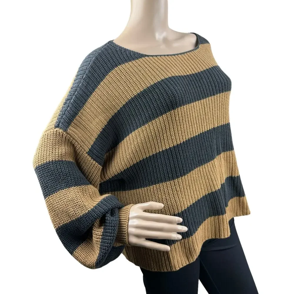 New Fantastic Fawn Women Brown Black Stripes Knitted Pullover Cropped Sweater M - Picture 3 of 5